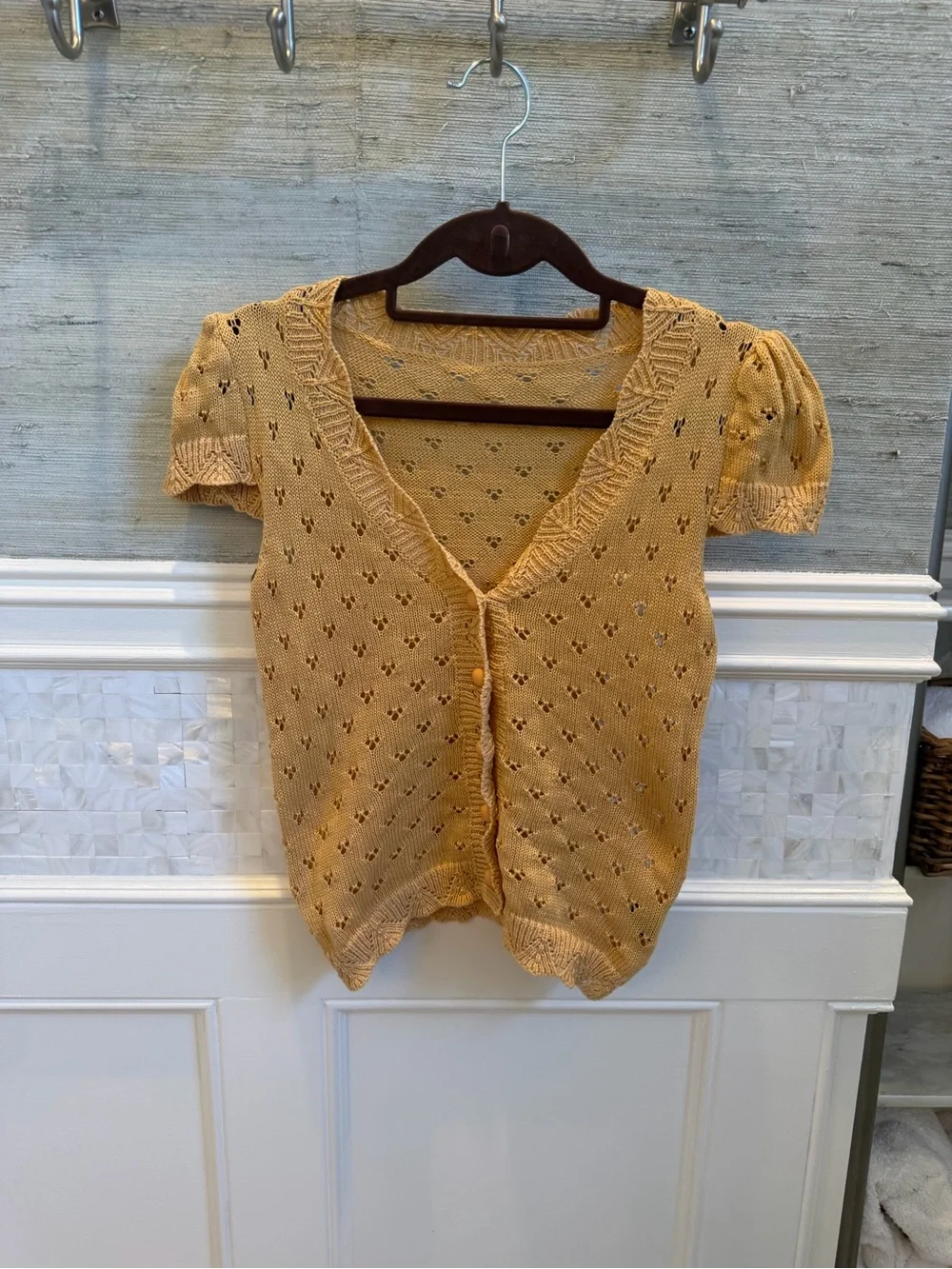 New small Dazy knit Button Front Short Sleeve  sweater cardigan v neck Top gold